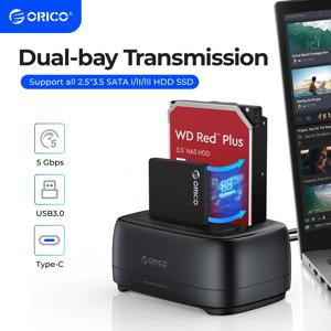 ORICO 듀얼 베이 하드 드라이브 스테이션, USB 3.0, 5Gbps, C타입 HDD 도킹 스테이션, 2.5, 3.5 인치 HDD, SSD용 전원 어댑터 포함, 12V 3A