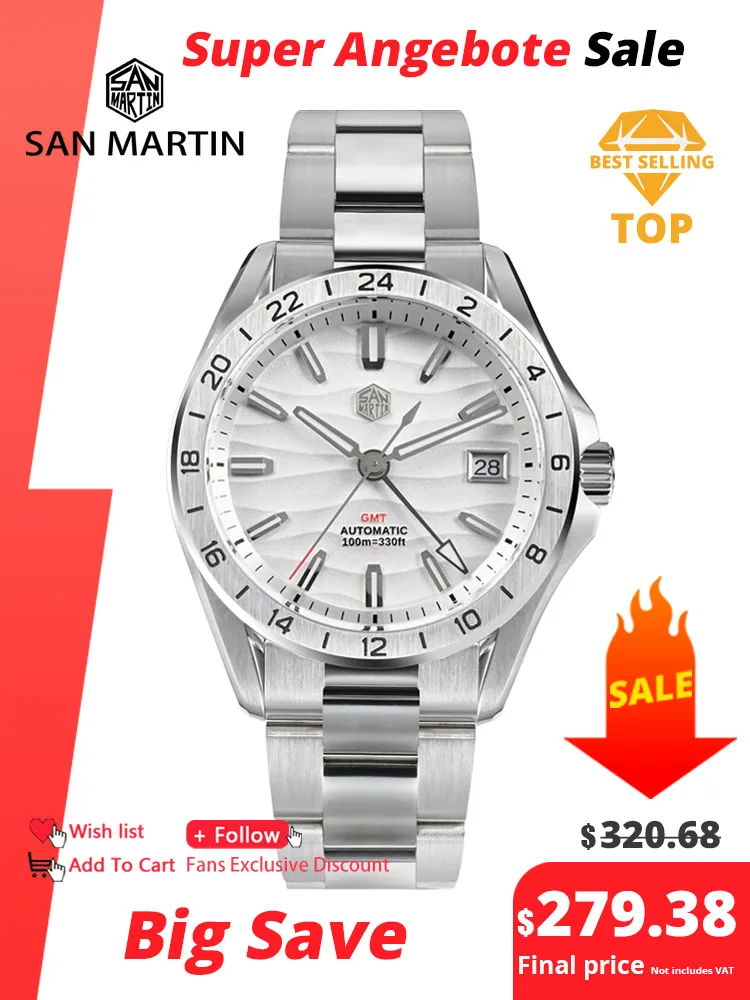 San Martin 남성용 럭셔리 비즈니스 원피스 GMT 시계, 39mm 사막 질감, NH34 자동 기계식 방수, 100m 야광 SN0129, 신제품