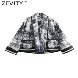 ZEVITY 여성용 빈티지 잉크 페인팅 프린트 오픈 스티치 퀼트 코튼 패딩 재킷, 여성용 시크 레트로 기모노 코트, CT5387