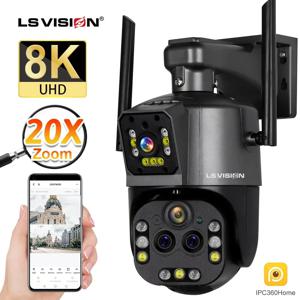 LS VISION 야외 듀얼 스크린 보안 캠 PTZ CCTV 모니터, 자동 추적 감시 카메라, 8K WiFi 카메라, 20X 줌, 4 렌즈