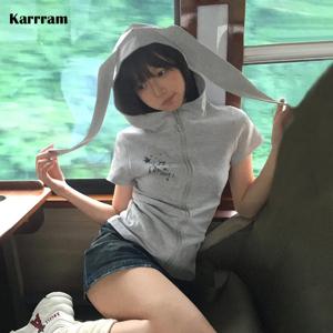 Karrram 일본 Y2k 후드 티셔츠, 빈티지 토끼 귀 지퍼 상의, 하라주쿠 반팔 얇은 재킷, 한국 인기, 2000 년대 스타일