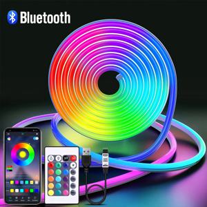 네온 장식 조명용 USB RGB 네온 LED 스트립, 블루투스 앱 및 리모컨, DC5V, IP65 방수, 1 m, 2 m, 3 m, 4 m, 5m