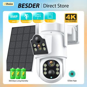 BESDER 태양광 무선 IP 카메라, 야외 와이파이 IP 카메라, 태양광 패널, CCTV 보안, 7800 mAh 배터리, HD 4MP 듀얼 렌즈, 8MP, 4K