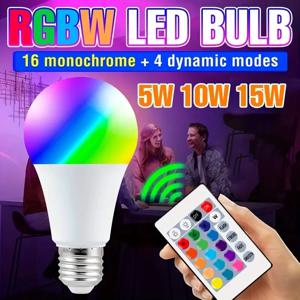 색상 변경 LED 전구, RGB 램프, 5W, 10W, 15W, RGBW 전구, 리모컨 E27, 16 가지 색상 옵션, 220V 멀티 컬러 디밍