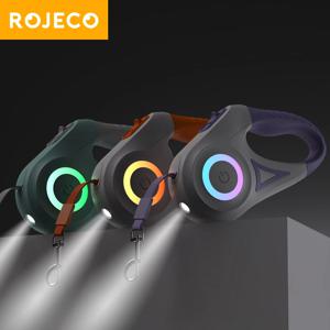 ROJECO 자동 개폐식 개 가죽 끈, LED 손전등 포함, 내구성 나일론 리드, 애완견용 조절 가능한 걷기 달리기 로프, 5M