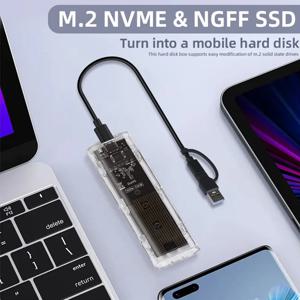 M.2 NVME PCIe NGFF SATA 듀얼 프로토콜 SSD 케이스, 투명 USB C 타입, 10Gbps PCI-E M2 SSD, 투명 외장 인클로저 하드 디스크 박스