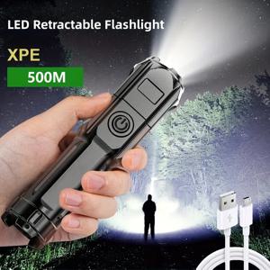 LED 캠핑 토치 손전등, 알루미늄 합금, USB 충전 스포트라이트, 줌 랜턴, 내장 배터리, 낚시 야외 방수