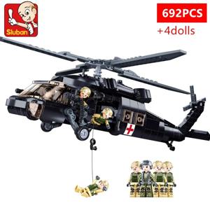 군사 UH-60L 의료 구조 항공기 빌딩 블록, 블랙 호크 헬리콥터 모델 벽돌, 미니 인형 어린이 장난감 선물, 692 개