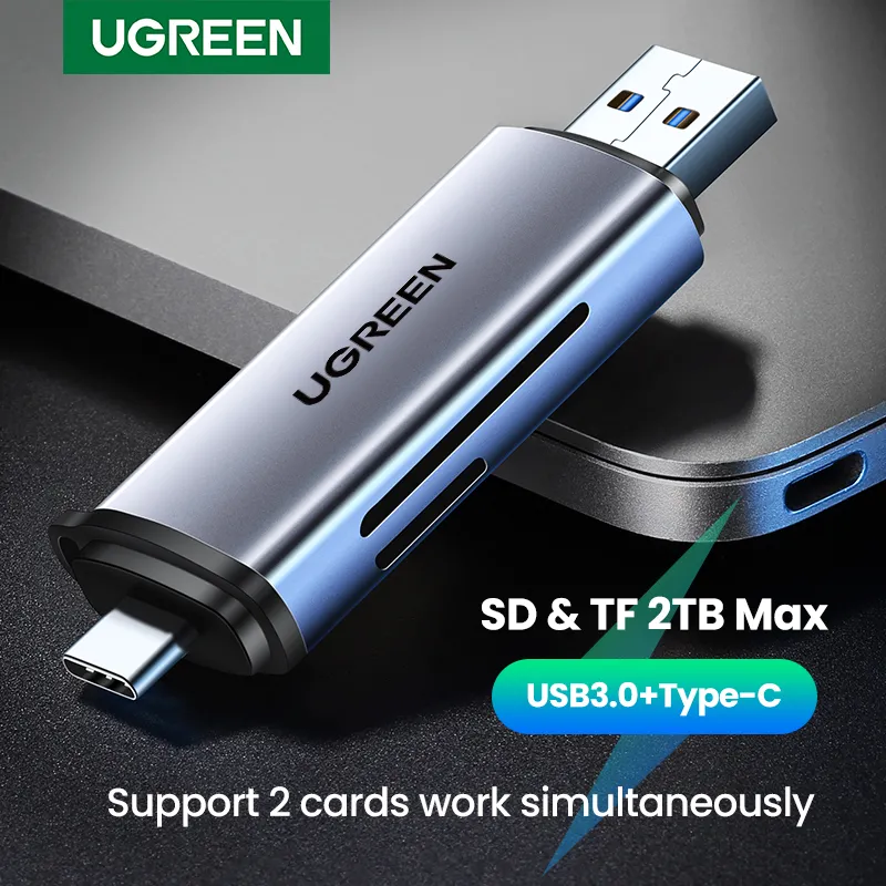 UGREEN 카드 판독기 USB3.0 및 USB C to SD MicroSD TF Thunderbolt 3 OTG 어댑터 PC 태블릿 스마트폰용 2-in-1 카드 판독기 Macbook Samsung 노트북 액세서리 지원 Windows Mac OS Linux iPad OS Android 시스템 플러그 앤 플레이 스마트 메모리 카드 판독기 SD 카드 어댑터 최대 2TB