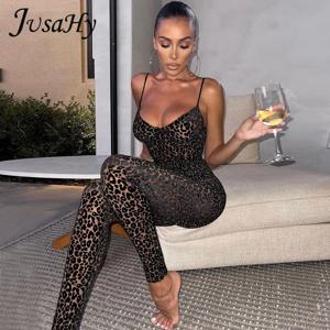 JuSaHy Leopard Print Flocking Jumpsuit for Women 패션 민소매 백 레스 바디 쉐이핑 캐주얼 하이 스트리트웨어 여성 의상