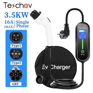 Teschev 전기 자동차용 휴대용 EV 충전기, J1772 타입 1, 타입 2, 220V, 레벨 2, GBT 충전기, 3.5KW, 16A