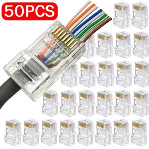 크리스탈 엔드 금도금 커넥터, 크림프 UTP 표준 이더넷 네트워크 모듈러 플러그, RJ45 CAT6 CAT5e 패스 스루, 8P8C, 1-50 개