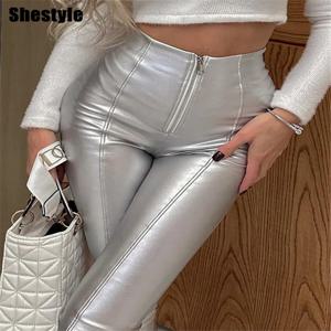 Shestyle 여성용 PU 가죽 지퍼 플라이 펜슬 팬츠, 스키니 엘레강스, 하이웨이스트, 섹시 애슬레저 힙스터 슬림 팬츠, 실버 핫