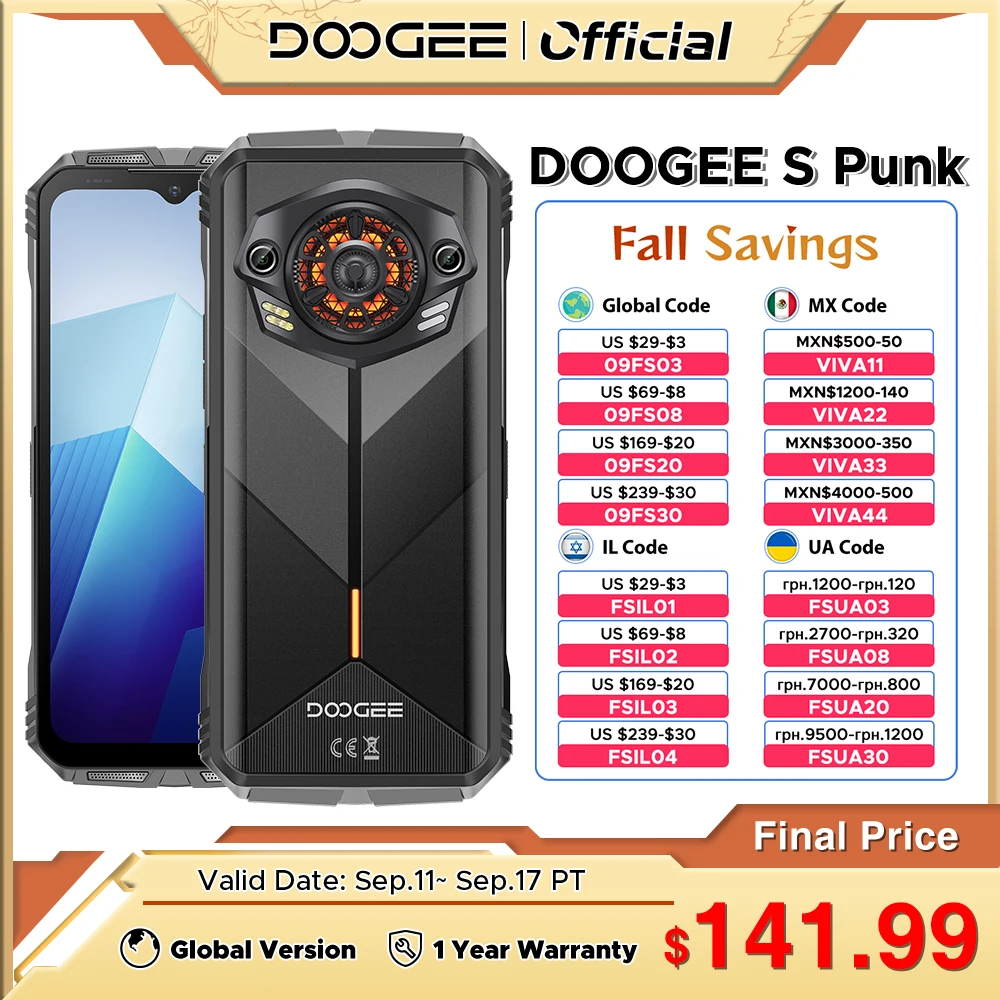 DOOGEE S 펑크 러기드 폰, LED 조명 효과, 안드로이드 14, 월드 프리미어, 6.58 인치, 60Hz 디스플레이, 6GB + 256GB, 34mm 대형 증폭 스피커