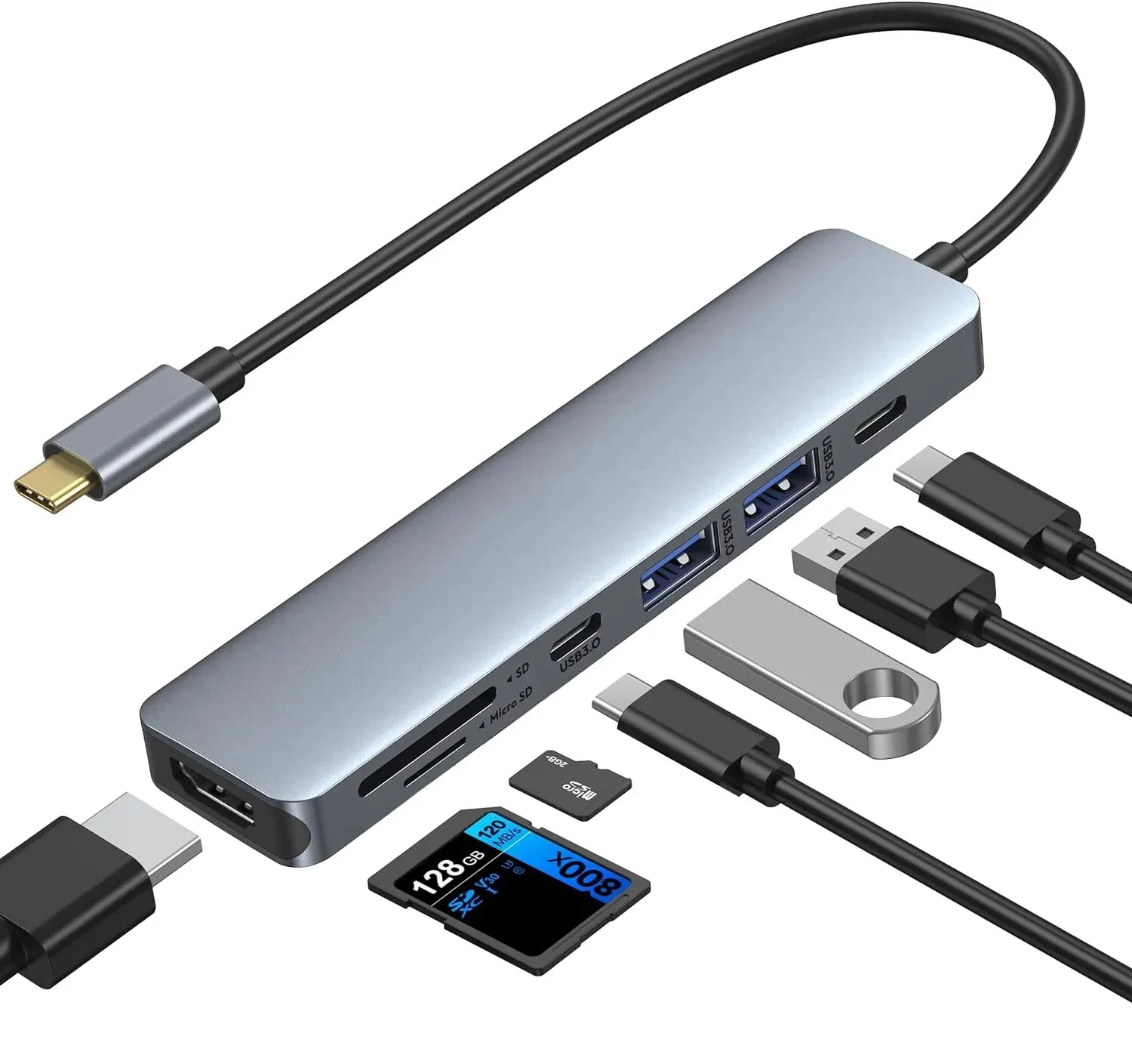 7 in 1 C타입 USB 3.0 허브, SD TF 카드 리더, HDMI 호환 USB 분배기, 지지대 모든 C타입 채널, 컴퓨터 노트북, 5Gbps, 4 k30hz