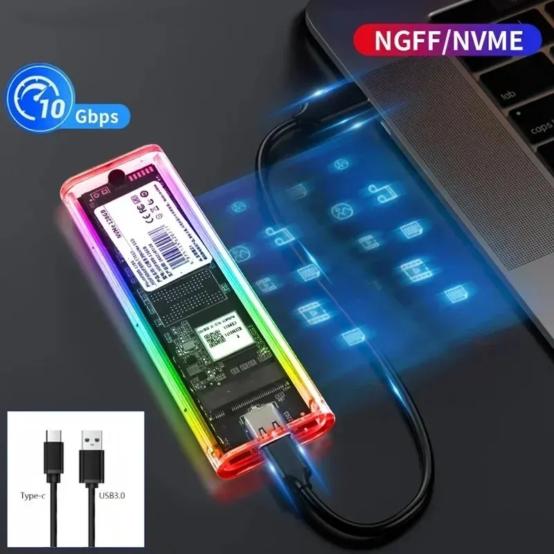 NVME PCIE NGFF SATA M/ B 키 SSD 디스크용 투명 하드 드라이브 인클로저, M.2-USB C, RGB M2 SSD 케이스