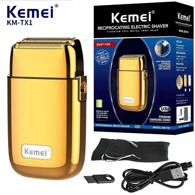 Kemei KM-TX1 공장 직접 전체 금속 전기 면도기, 왕복 더블 헤드, USB 충전 남성용 면도기