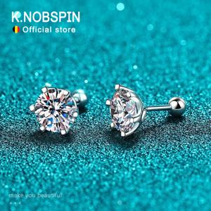 KNOBSPIN 여성용 모이사나이트 스터드 귀걸이, 18K 화이트 골드 도금 스털링 실버 D VVS1 라운드 컷 랩 다이아몬드 나사 이어 스터드