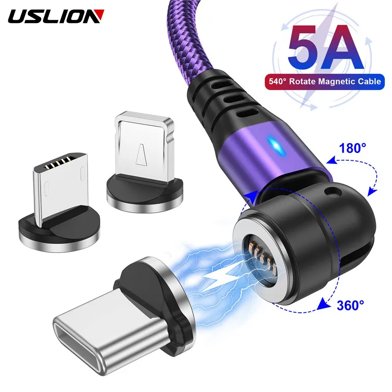 USLION 540 회전 5A 마그네틱 케이블 고속 충전 마이크로 USB 타입 C 케이블 아이폰용 샤오미 자석 충전기 와이어 코드 USB 케이블