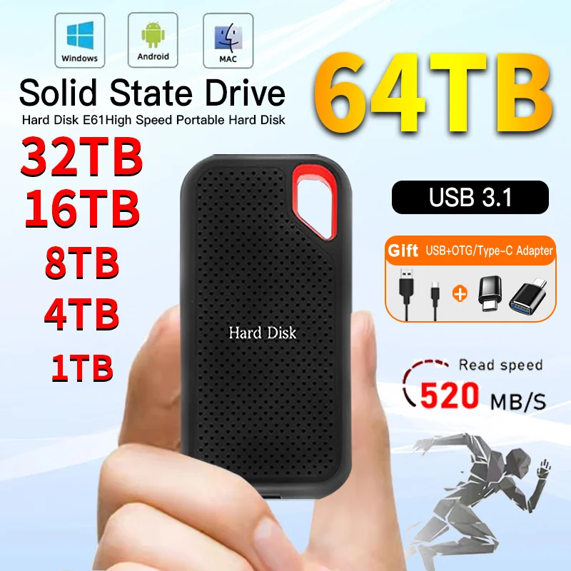 샤오밀 E61 휴대용 SSD 1TB SSD 하드 드라이브, 2TB 외장 SSD M.2 노트북 데스크탑 휴대폰 맥 모바일 하드 디스크 HDD 스토리지