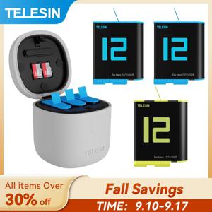 TELESIN 고프로 히어로 9 10 11 12 용 1750mAh 배터리, 3 슬롯 실리콘, 낙하 방지, 방수 충전 박스, TF 카드 리더기 포함