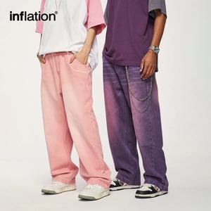 INFLATION 남녀공용 와이드 레그 청바지, 하이 스트리트 워싱 데님 바지, 헐렁한 바지, 플러스 사이즈, 핑크