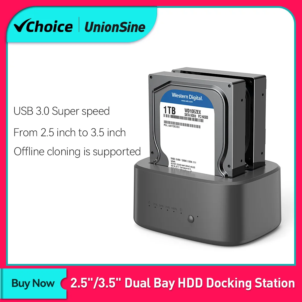 UnionSine 듀얼 베이 HDD 도킹 스테이션, 오프라인 클론, SATA-USB 3.0, 2.5 인치, 3.5 인치 SSD HDD 케이스용