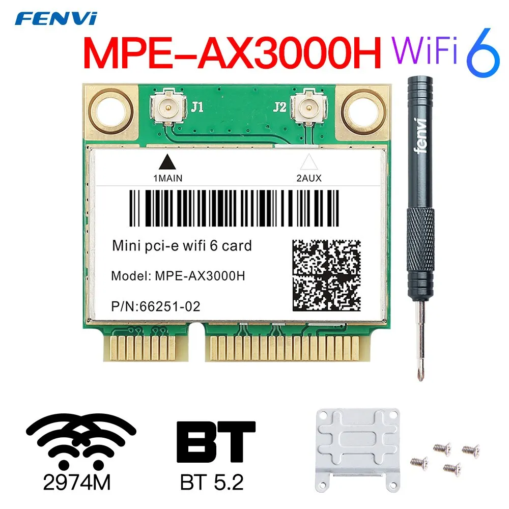 FENVI WiFi 6 카드 2974Mbps 듀얼 밴드 2.4G/5Ghz 블루투스 5.2 무선 하프 미니 PCI-E 네트워크 Wlan WiFi 카드 802.11AX 승리 10