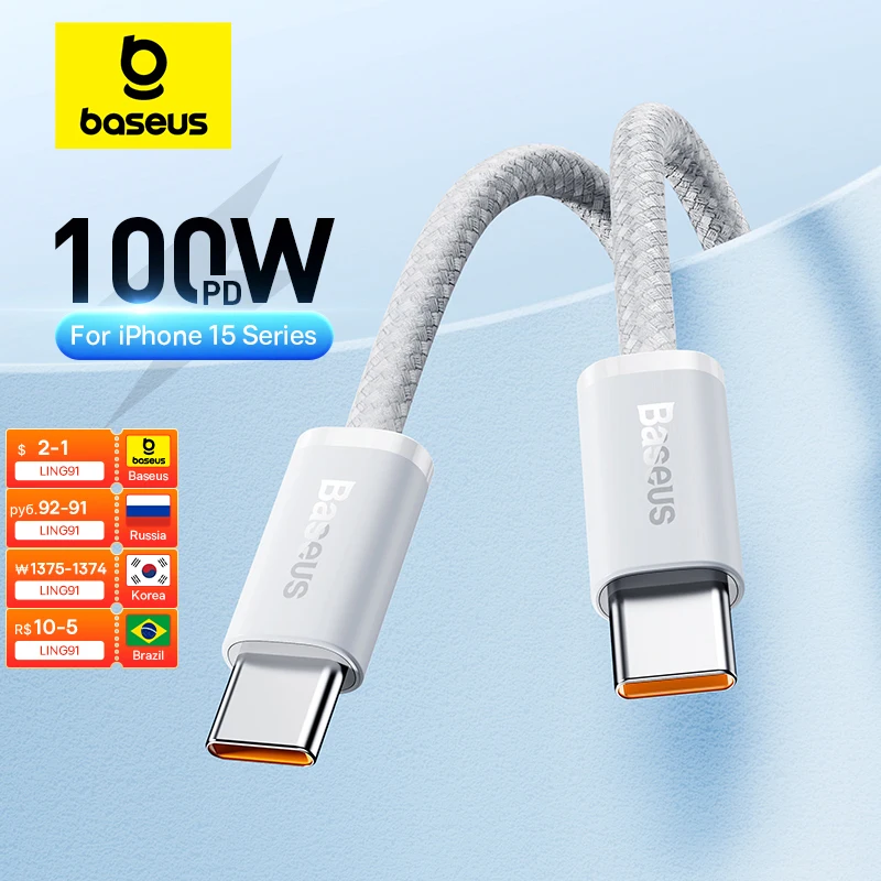 Baseus USB C 케이블, 아이폰 16, 15 플러스, 프로 맥스, 맥북 프로, 아이패드, PD 고속 충전기 코드, C타입 케이블, 100W