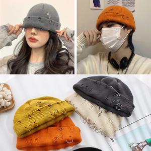 남녀공용 하라주쿠 비니 니트 모자, 따뜻한 두꺼운 Gorras, 힙합 핀 구멍, 스컬캡, 짧은 모자, 기본 모자, 겨울 패션, 신상