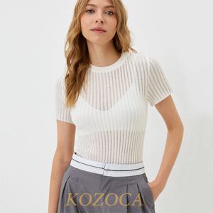 Kozoca 100% 울 시크 화이트 우아한 스트라이프 시스루 여성 상의, 반팔 티셔츠, 스키니 클럽 파티 의상