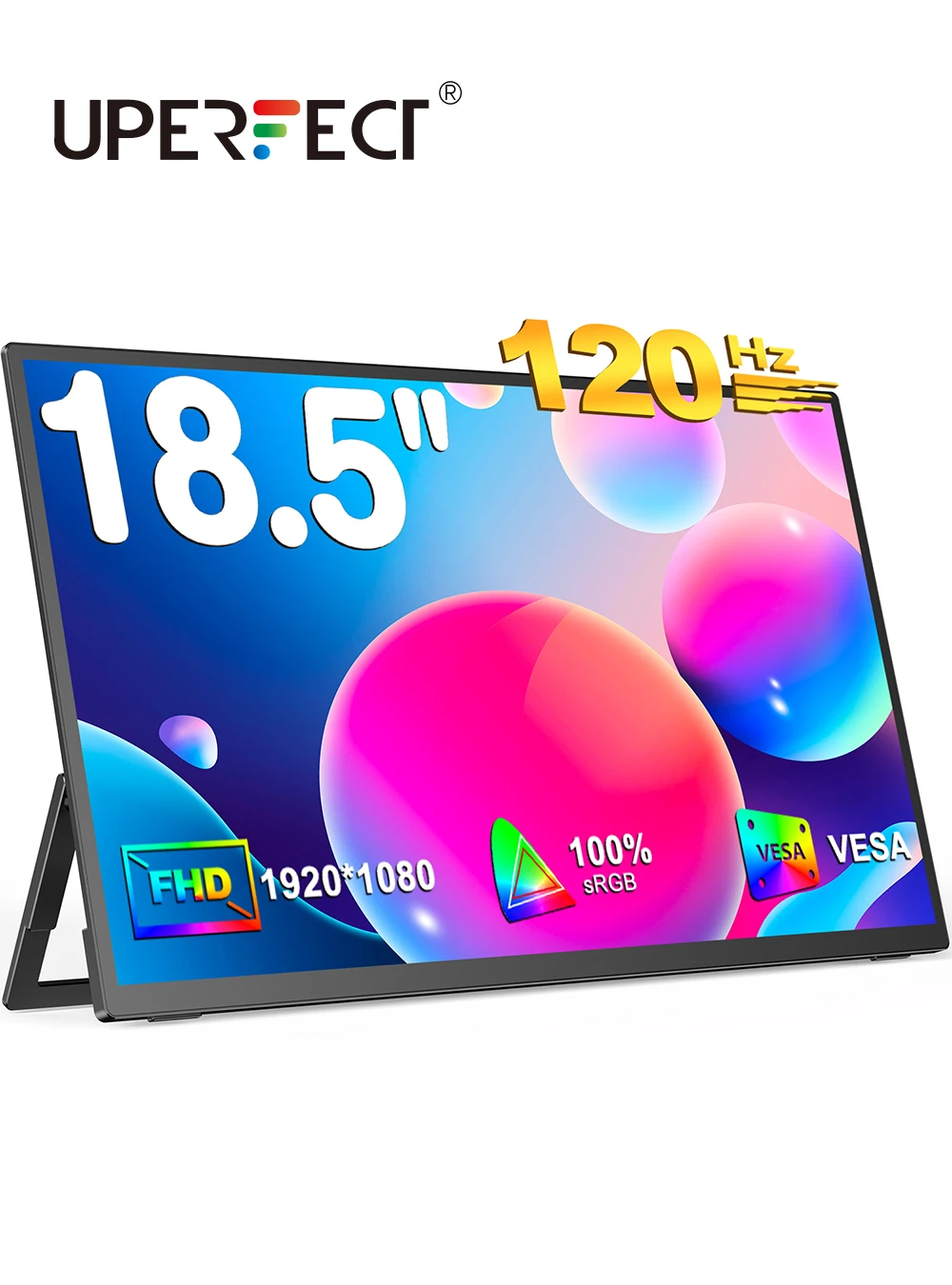 Uperfect 18.5 인치 IPS LCD 모니터 120Hz 새로 고침 요율 1080P FHD HDR 휴대용 컴퓨터 화면 HDMI 화면 USB C 외부 화면 회전 듀얼 스피커가있는 외부 화면 VESA USB OTG 데스크탑 PC 게임 디스플레이