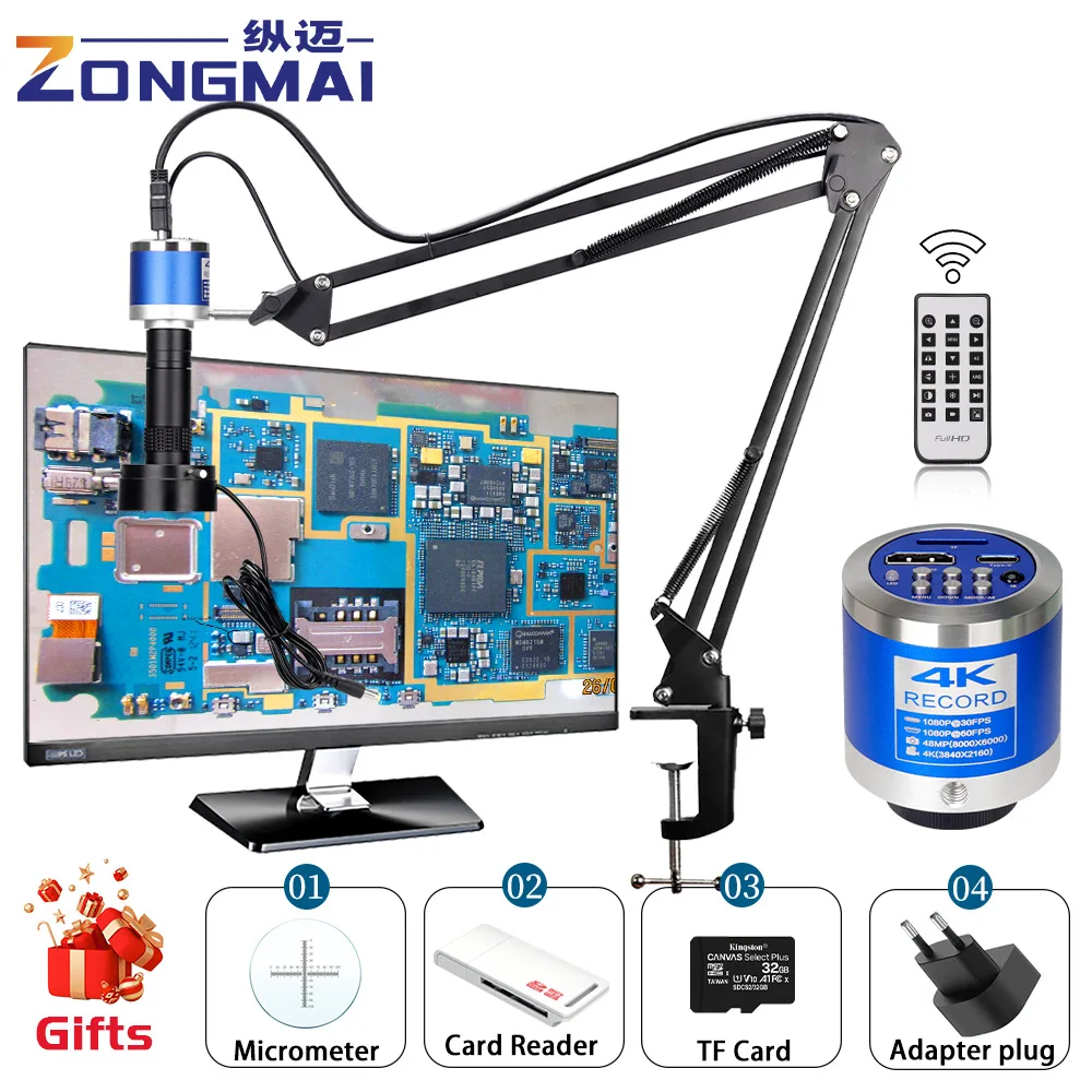 ZONGMAI 산업용 현미경 C 마운트 디지털 카메라, 타입 측정을 통한 PCB 납땜 전화 수리용, 1080P 4K FULL HD