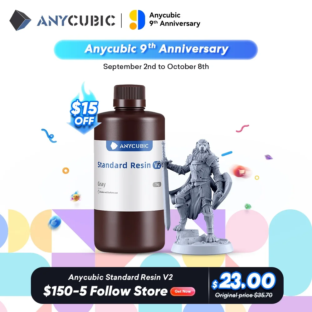 ANYCUBIC 광자 3D 프린터용 UV 표준 송진/표준 송진 V2, 모노 X 인쇄 재료 LCD, UV 민감성 일반 1kg, 405nm