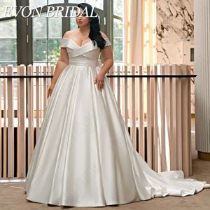 EVON BRIDAL 심플 웨딩드레스 플러스 사이즈 V넥 오프숄더 단면 A자 끈 스캔 스커트 신부 드레스 로브 MarieeEVON BRIDAL 플러스 사이즈 브이넥 오프숄더 새틴 A라인 레이스업 트레인 신부 가운, 심플한 웨딩 드레스, 마리