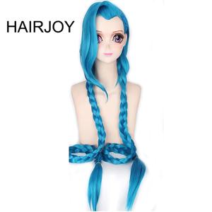 HAIRJOY 코스프레 롤 징크스, 100cm 긴 파란색 이중 브레이드, 할로윈 애니메이션 코스튬 가발, 내열성 합성 헤어