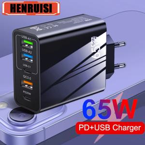 GaN USB C 고속 충전기, QC 3.0 5 포트 휴대폰 충전기, 아이폰 15 삼성 샤오미 맥북 C타입 충전기 어댑터, 총 65W