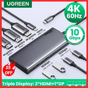 UGREEN 트리플 디스플레이 USB C 허브, 10Gbps 4K HDMI 어댑터, 8 인 1 스플리터, HDMI DP, USB3.2, PD, 100W 독, 맥북 프로 에어 PC용