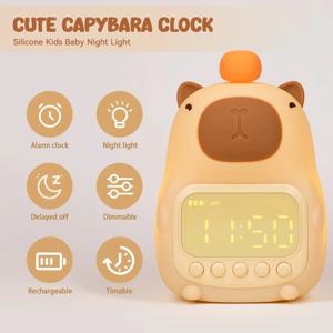 Capybara LED 야간 조명 실리콘 충전식 디지털 알람 시계, 조도 조절 테이블 램프 타이밍, USB 충전, 어린이 생일 선물, 신제품