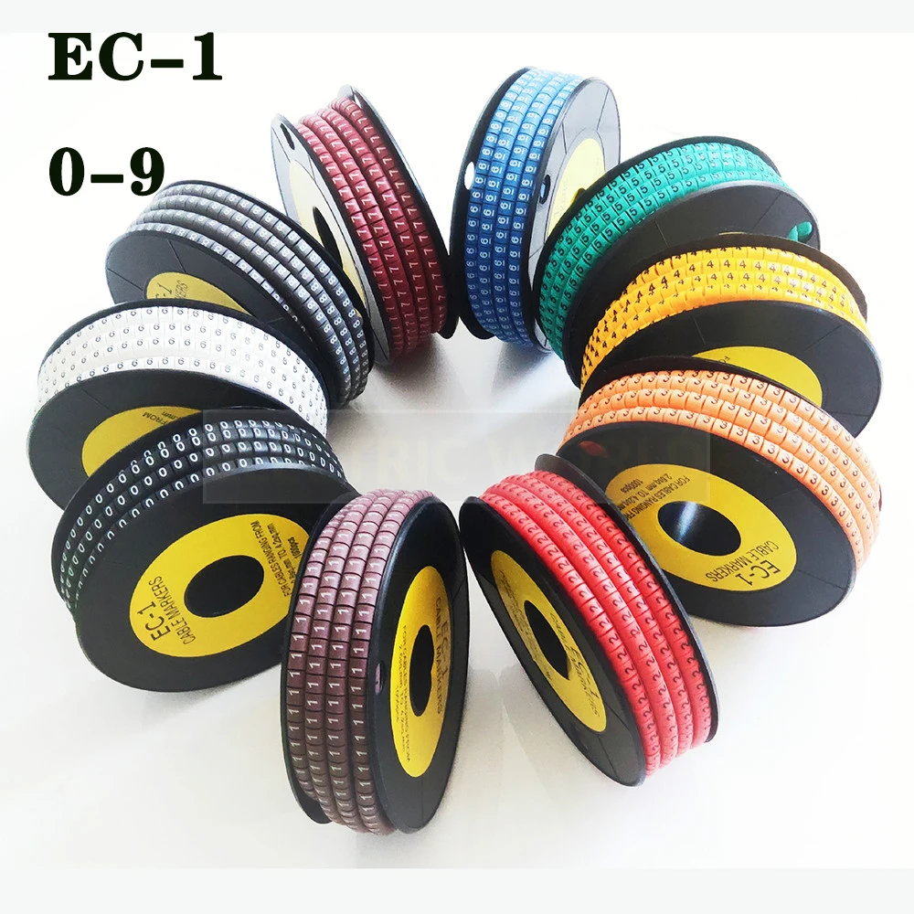 케이블 마커 와이어 라벨 EC-0 EC-1, 마크 번호 0-9 케이블 관리, 컬러 와이어 보호 PVC 와이어 정리함 슬리브, 1000 개