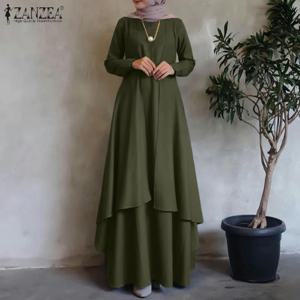 불규칙한 헴 루스 롱 드레스 두바이 터키 Abaya Hijab Sundress 대형 ZANZEA 여성 긴 소매 이슬람 Kaftan 맥시 드레스