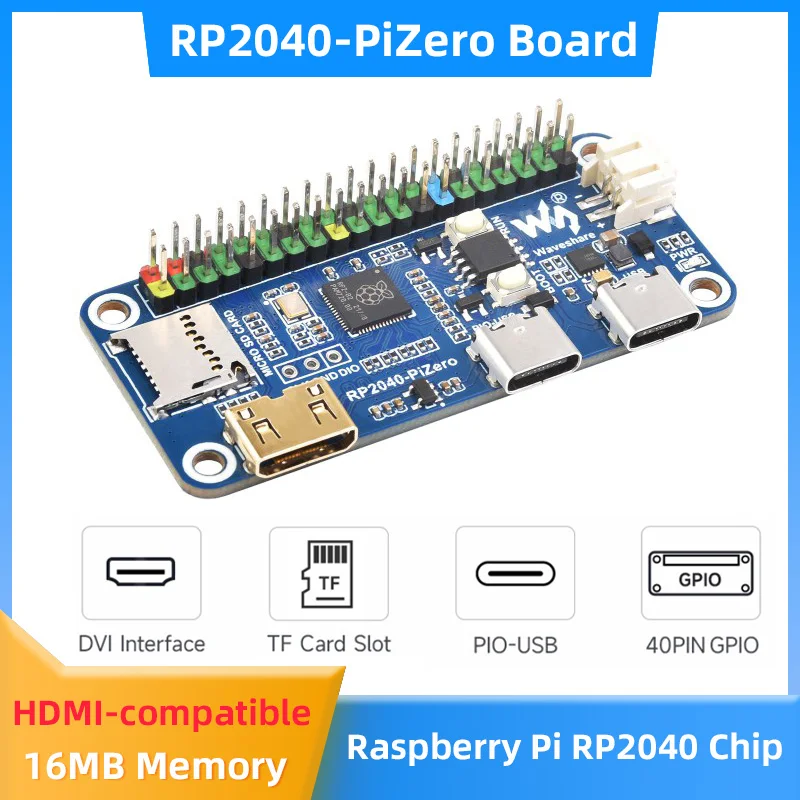 RP2040-PiZero 개발 보드 기반, 라즈베리 파이 RP2040 16MB 플래시 메모리, 2 x C 타입 미니 HDMI 호환 포트, TF 카드 슬롯