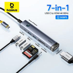 Baseus 맥북 PC용 USB C 도크, USB C타입 3.0, USB 3.0, SD TF 카드, 슬림 어댑터, HDMI 4K, 60Hz, RJ45, PD 100W