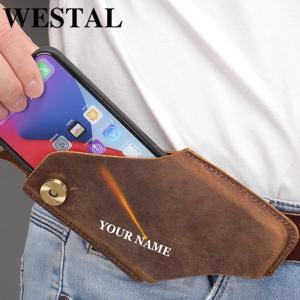 WESTAL 크레이지 호스 가죽 허리 가방, 핸드폰 루프 홀스터, 남성용 벨트 가방, 휴대폰 파우치, 고품질 지갑, 휴대폰 케이스