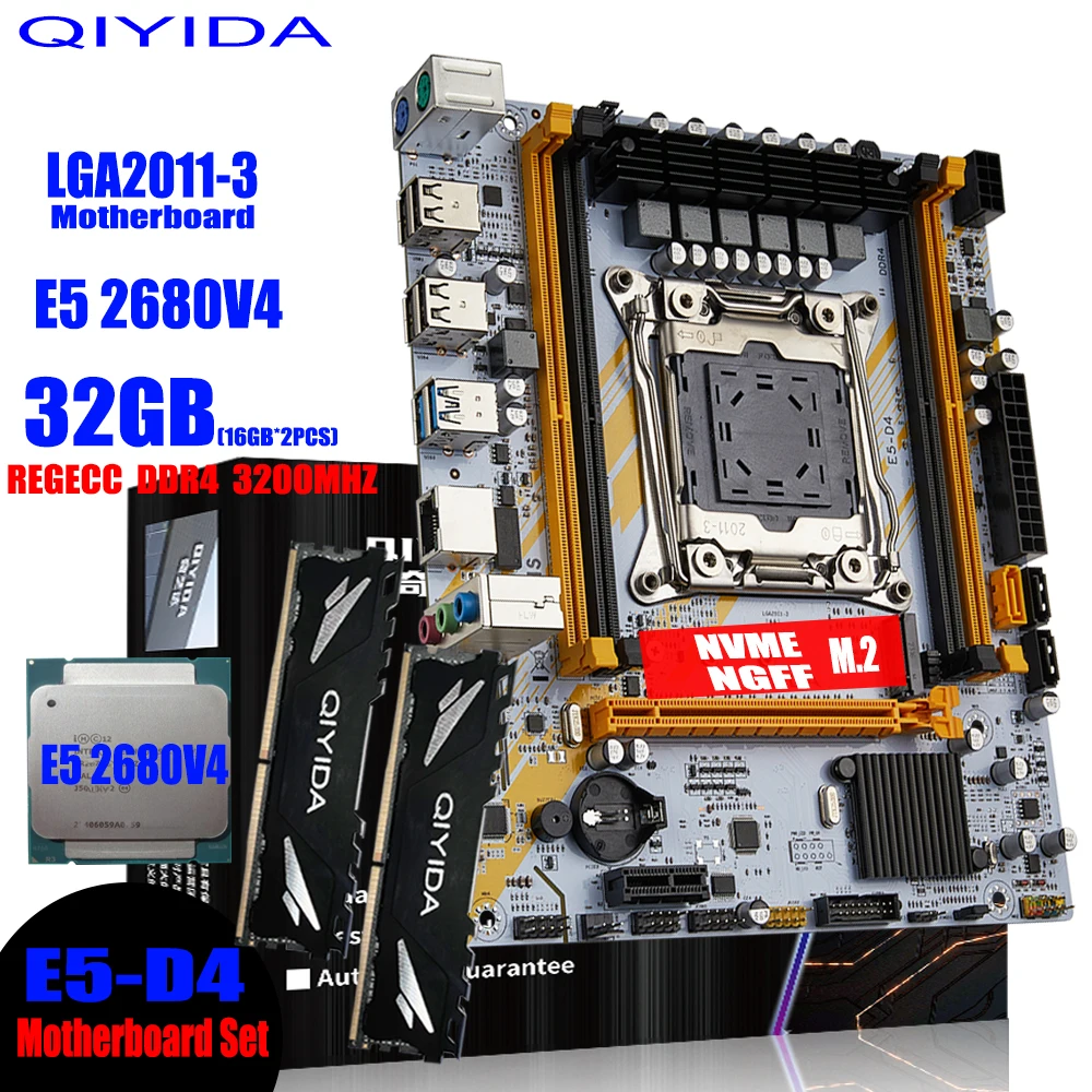 QIYIDA 마더보드 LGA 2011-3 세트 키트, Xeon E5 2680 V4 CPU 프로세서, 32G = 2*16G DDR4 REG ECC RAM 메모리 이름 M.2