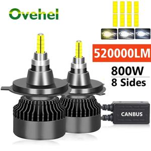 OVEHEL LED 360 LED 자동차 헤드라이트, 6000K 안개등, 12V, H4, H11, 520000LM, 800W 캔버스 9012, HIR2, H7, H1, H3, H8, D1S, D2S, HB3, 9005, HB4, 9006