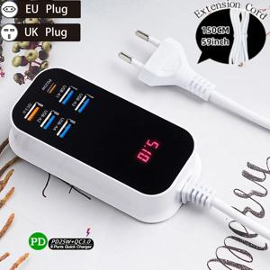 USB 고속 충전기 PD QC 3.0 고속 충전 디스플레이, C 타입 EU 영국 미국 1.5M 데스크탑 전원 어댑터, 아이폰 삼성용, 실제 50W, 6 포트