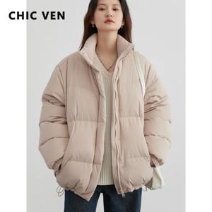 CHIC VEN 여성용 다운 코트, 루즈 캐주얼, 화이트 덕 다운 재킷, 스탠드 칼라, 여성 빵 코트, 가을, 겨울 2023, 신상 90%