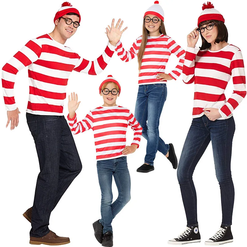 Wheres Waldo 줄무늬 셔츠, 청소년, 어린이, 소년, 월리 의상, 셔츠 안경 및 모자 양말, 남녀 성인, 할로윈 코스프레 의상