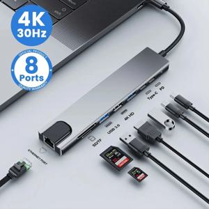 USB C 허브 C타입 3.1-4K HDMI 어댑터, RJ45 SD/TF 카드 리더기, PD 고속 충전, 맥북 노트북 노트북 컴퓨터용, 8 인 1